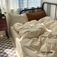 Mixed Gingham Striped Bedding Set - Brown