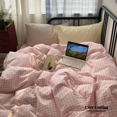 Mixed Gingham Striped Bedding Set - Pink