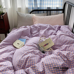 Mixed Gingham Striped Bedding Set - Purple Pink