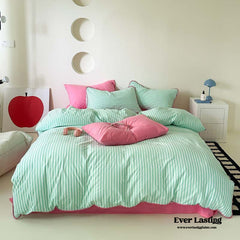Pepper Candy Stripe Bedding Set - Green + Pink