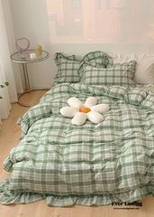 Plaid Ruffle Bedding Set - Green