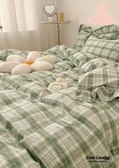 Plaid Ruffle Bedding Set - Green