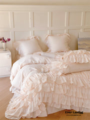 Princess Ruffle Lace Washed Cotton Bedding Set - Pink