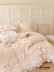Princess Ruffle Lace Washed Cotton Bedding Set - Pink