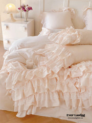 Princess Ruffle Lace Washed Cotton Bedding Set - Pink