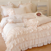 Princess Ruffle Lace Washed Cotton Bedding Set - Pink
