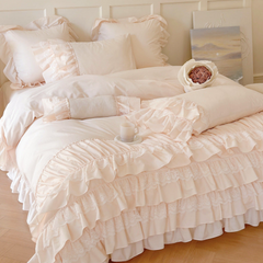 Princess Ruffle Lace Washed Cotton Bedding Set - Pink