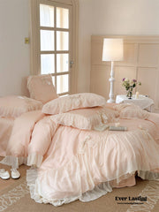 Ribbon Bow Airy Lace Bedding Set - Baby Pink