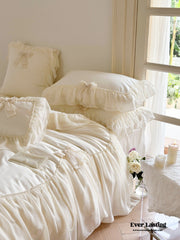 Ribbon Bow Airy Lace Bedding Set - Cream White