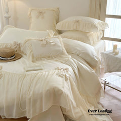 Ribbon Bow Airy Lace Bedding Set - Cream White