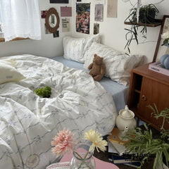 Ribbon Bow Floral Bedding Set - White Blue