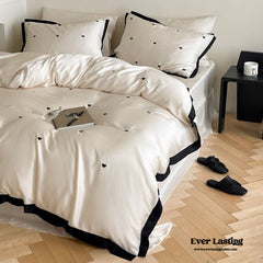 Silky Black Heart White Bedding Set - White + Black