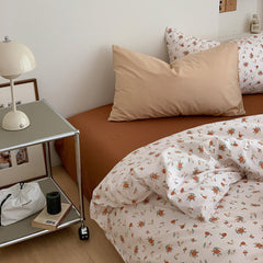Small Floral Cotton Bedding Set - Burnt Orange + White