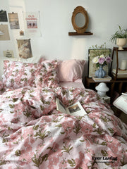 Spring Floral Washed Cotton Bedding Set - Pink Kitty