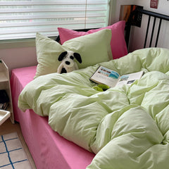 Spring Mixed Washed Cotton Bedding Set - Green + Barbie Pink