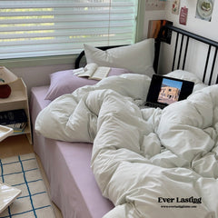 Spring Mixed Washed Cotton Bedding Set - White + Purple