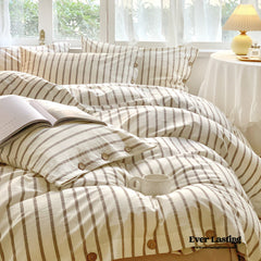Stripe Buttoned Bedding Set - Beige Brown