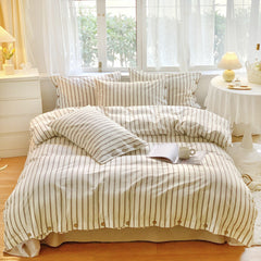 Stripe Buttoned Bedding Set - Beige Brown