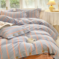 Stripe Buttoned Bedding Set - Blue Pink