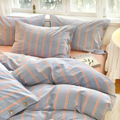 Stripe Buttoned Bedding Set - Blue Pink