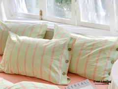 Stripe Buttoned Bedding Set - Mint Pink