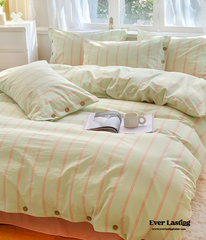 Stripe Buttoned Bedding Set - Mint Pink