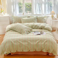 Stripe Buttoned Bedding Set - Mint Pink