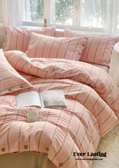Stripe Buttoned Bedding Set - Pink Brown