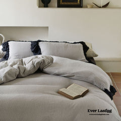 Stripe Ruffle Lace Bedding Set - Neutral Gray