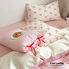 Sweet Bow Striped Bedding Set - Pink