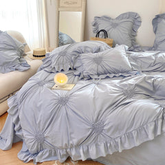 Sweet Heart Embroidered Ruffle Bedding Set - Blue