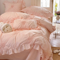 Sweet Heart Embroidered Ruffle Bedding Set - Pink