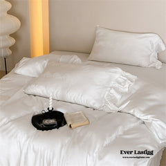 Tencel Silky Floral Ruffle Bedding Set - Snow White