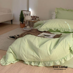 Thickened Pastel Textured Ruffle Bedding Set - Green