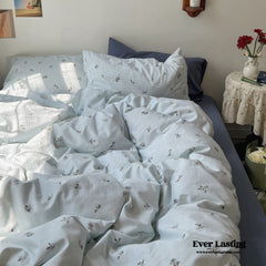 Thin Stripe Floral Bedding Set - Blue
