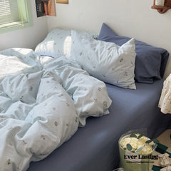 Thin Stripe Floral Bedding Set - Blue