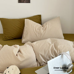 Thin Striped Bedding Set - Beige & Olive Green