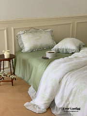 Victorian Inspired Soft Lace Ruffle Bedding Set - Green