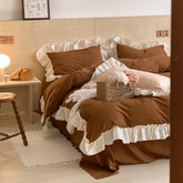 Vintage Earth Tone Large Ruffle Bedding Set - Brown