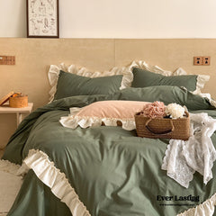 Vintage Earth Tone Large Ruffle Bedding Set - Moss Green