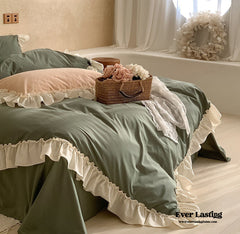Vintage Earth Tone Large Ruffle Bedding Set - Moss Green