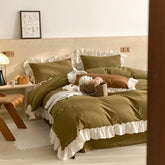 Vintage Earth Tone Large Ruffle Bedding Set - Olive Green