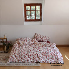 Vintage Floral Jersey Knit Bedding Set - Maroon Red