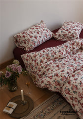 Vintage Floral Jersey Knit Bedding Set - Maroon Red