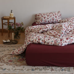 Vintage Floral Jersey Knit Bedding Set - Maroon Red