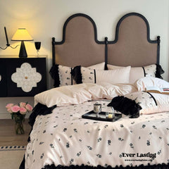 Vintage Inspired Silky Floral Ruffle Bedding Set - Black Pink