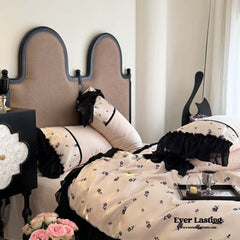 Vintage Inspired Silky Floral Ruffle Bedding Set - Black Pink