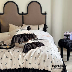 Vintage Inspired Silky Floral Ruffle Bedding Set - Black Pink