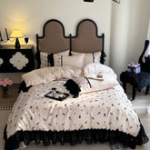 Vintage Inspired Silky Floral Ruffle Bedding Set - Black Pink