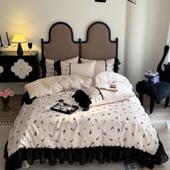 Vintage Inspired Silky Floral Ruffle Bedding Set - Black Pink